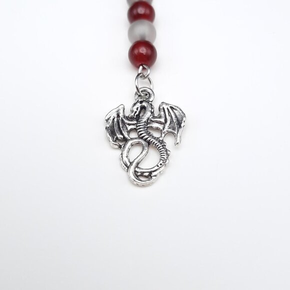 Red & Gray Beaded Silver Dragon Gothic Keychain Handmade Accessory - Picture 2 of 7